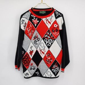 Vintage Dana Scott Argyle Red Floral Multipattern Chunky Knit Grandma Sweater